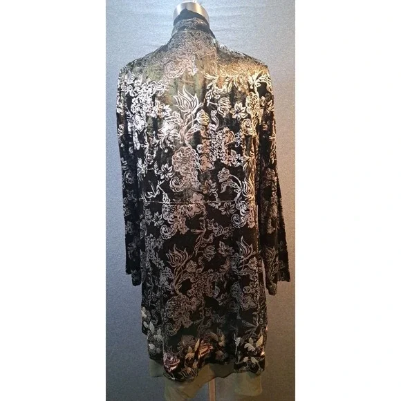 Chicos Velvet Burnout Floral Duster Cardigan Olive Green Silver Size 2 Large - Picture 8 of 8